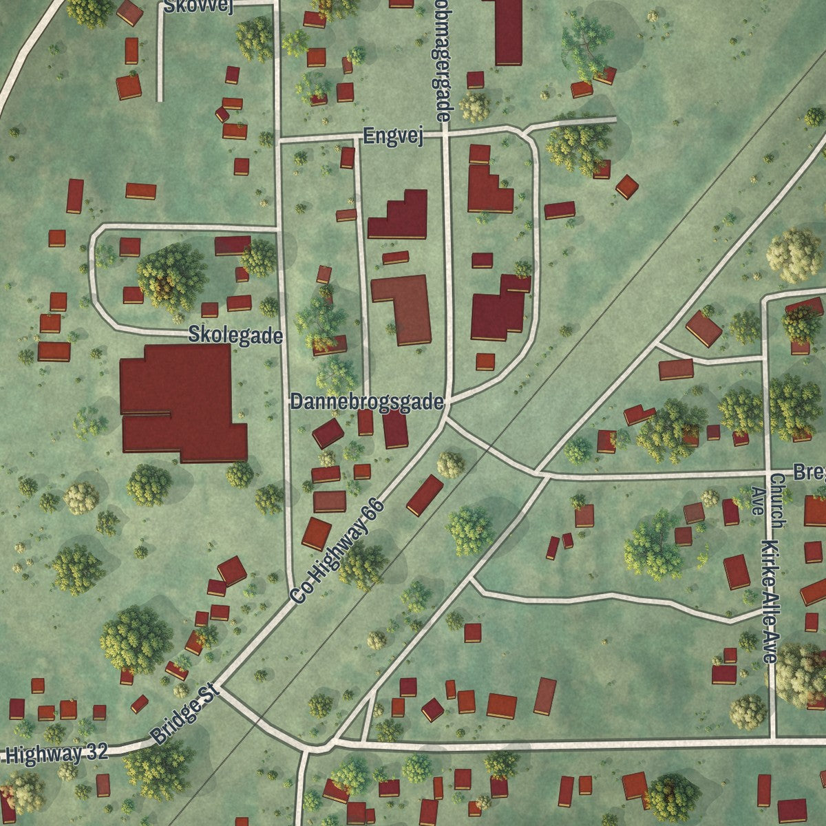 Close-up of the map of Askov, Minnesota print showing street and building detail