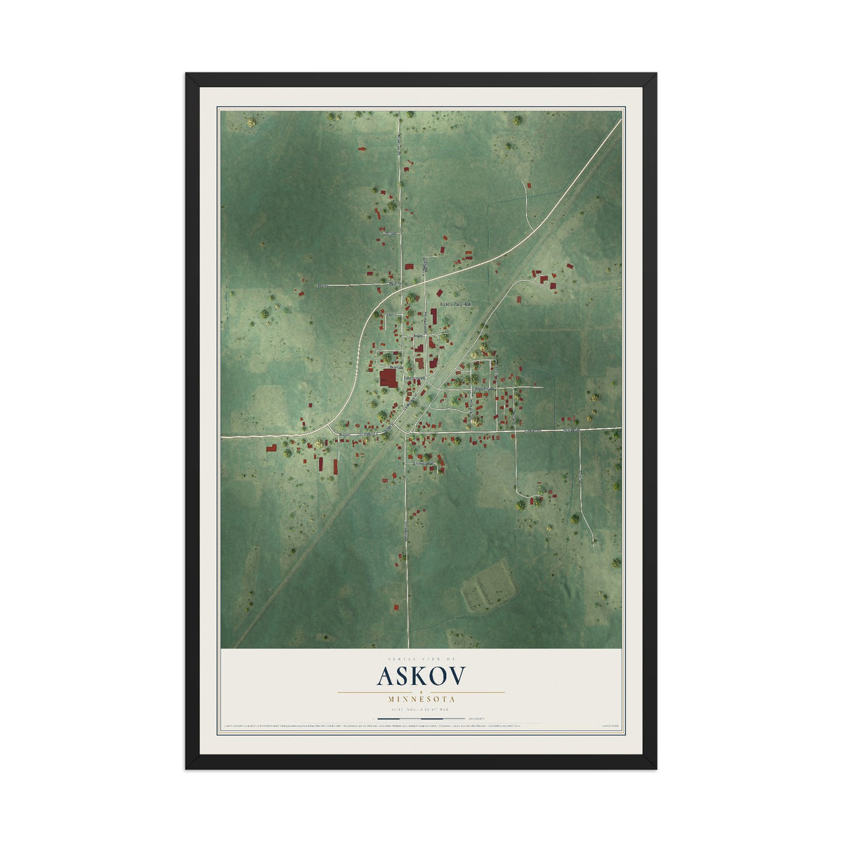Map of Askov, Minnesota, 12 x 18 inch print in a black wood frame