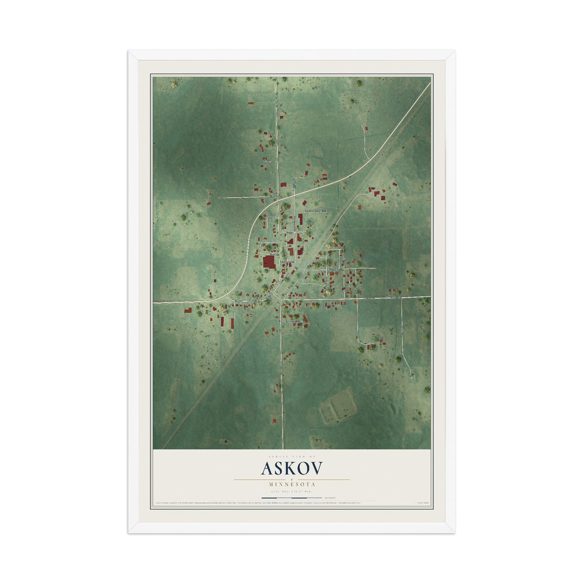 Map of Askov, Minnesota, 12 x 18 inch print in a white wood frame