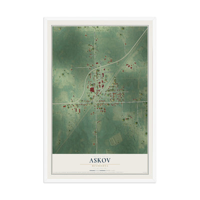 Map of Askov, Minnesota, 12 x 18 inch print in a white wood frame
