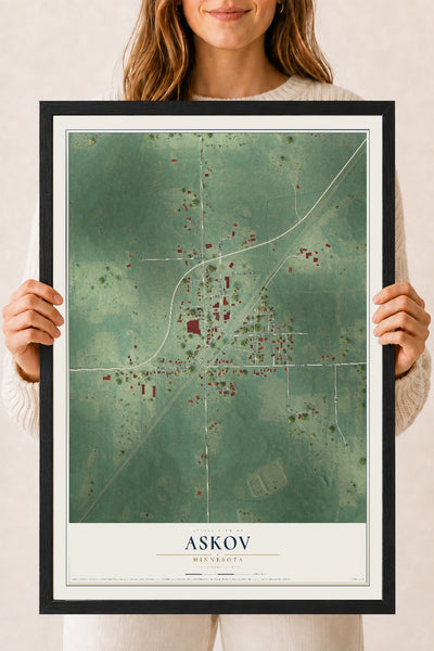 Map of Askov, Minnesota, 18 x 24 inch print in a black wood frame