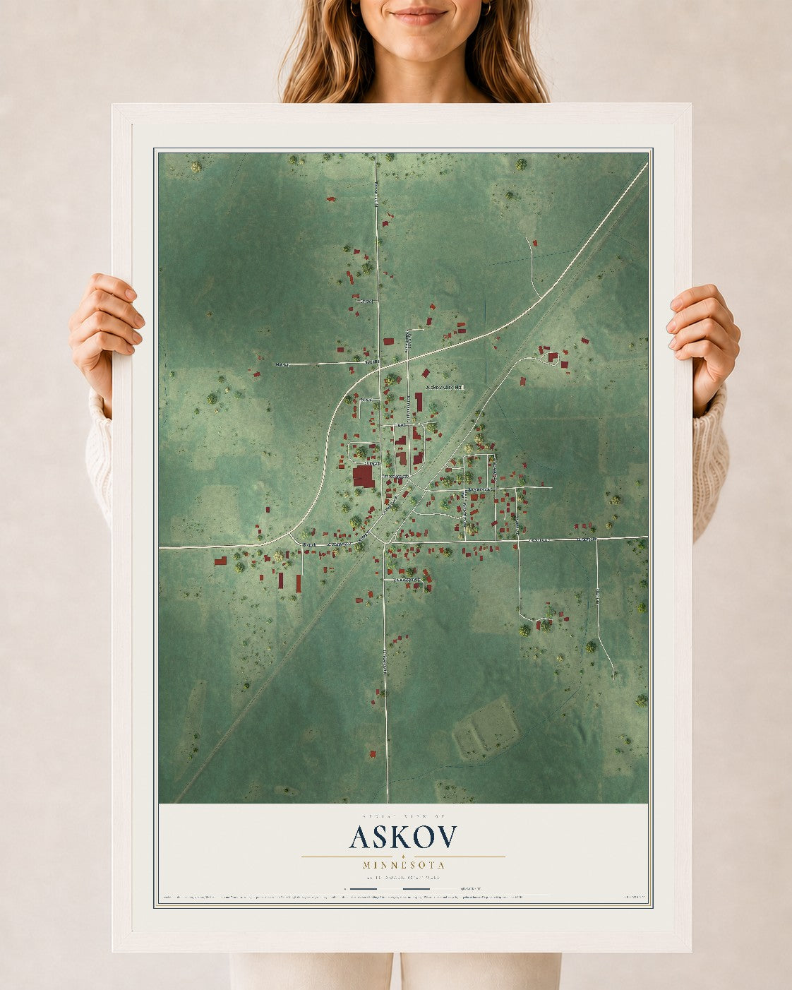Map of Askov, Minnesota, 24 x 36 inch print in a white wood frame