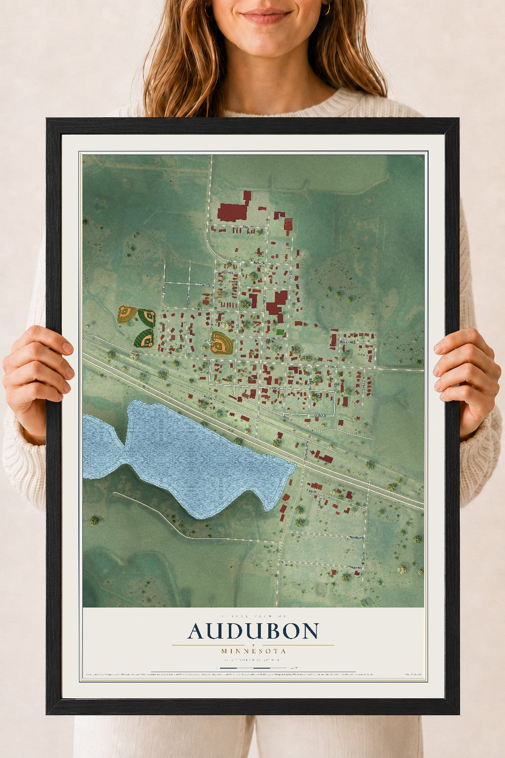 Map of Audubon, Minnesota, 18 x 24 inch print in a black wood frame
