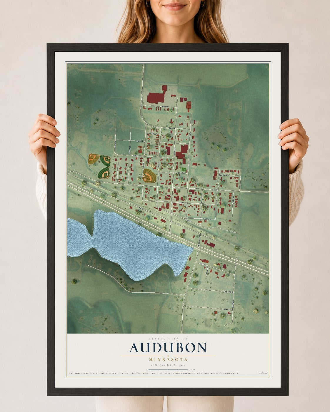Map of Audubon, Minnesota, 24 x 36 inch print in a black wood frame