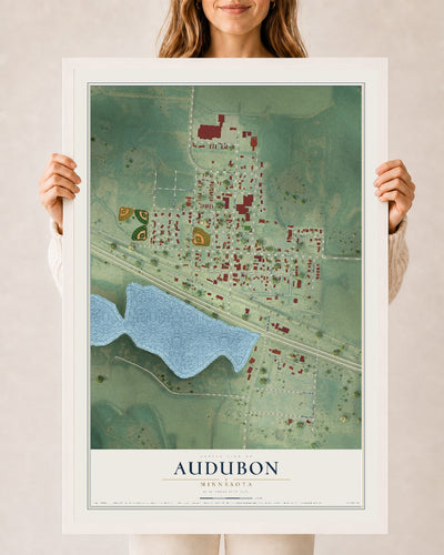 Map of Audubon, Minnesota, 24 x 36 inch print in a white wood frame