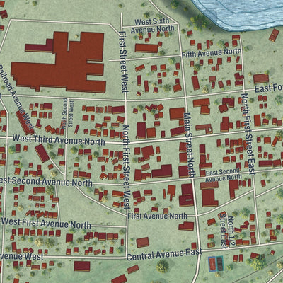 Close-up of the map of Aurora, Minnesota print showing street and building detail