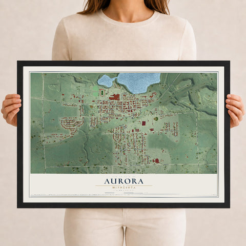 Map of Aurora, Minnesota, 12 x 18 inch print in a black wood frame