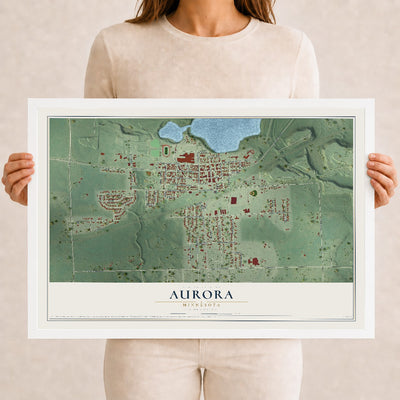 Map of Aurora, Minnesota, 12 x 18 inch print in a white wood frame
