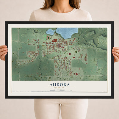 Map of Aurora, Minnesota, 18 x 24 inch print in a black wood frame