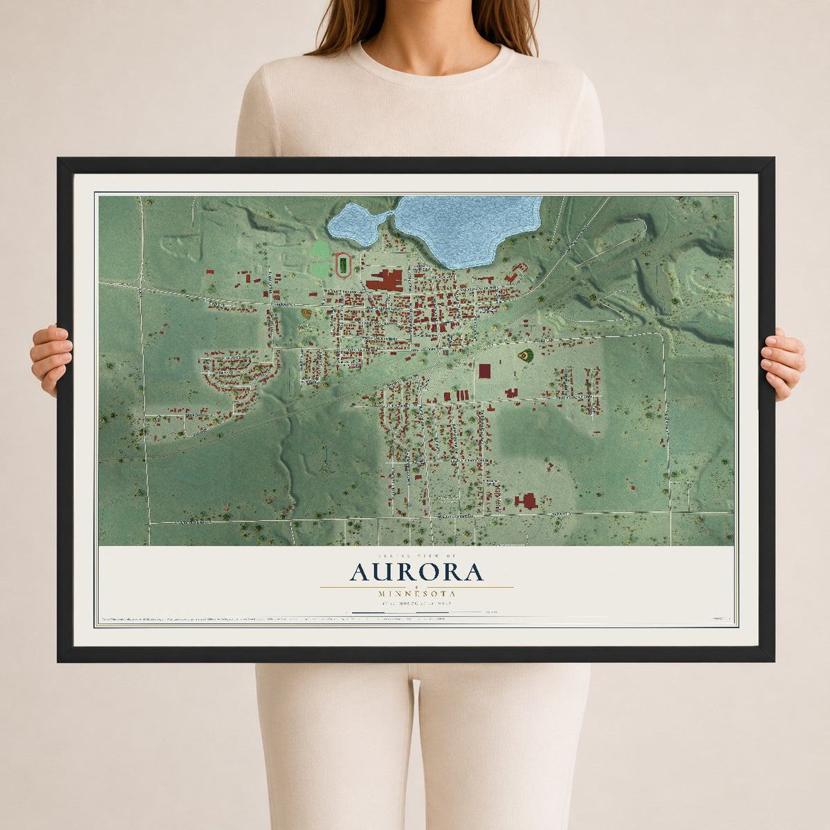 Map of Aurora, Minnesota, 24 x 36 inch print in a black wood frame