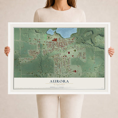Map of Aurora, Minnesota, 24 x 36 inch print in a white wood frame