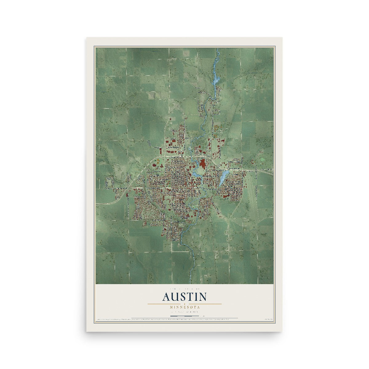 Map of Austin, Minnesota, 12 x 18 inch unframed archival matte print