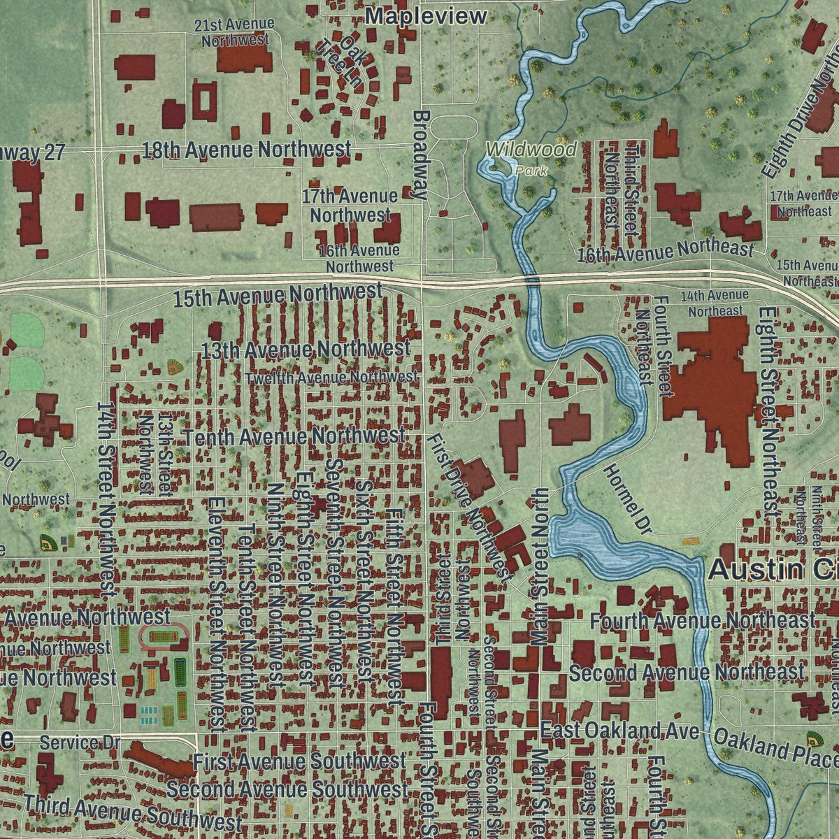 Close-up of the map of Austin, Minnesota print showing street and building detail