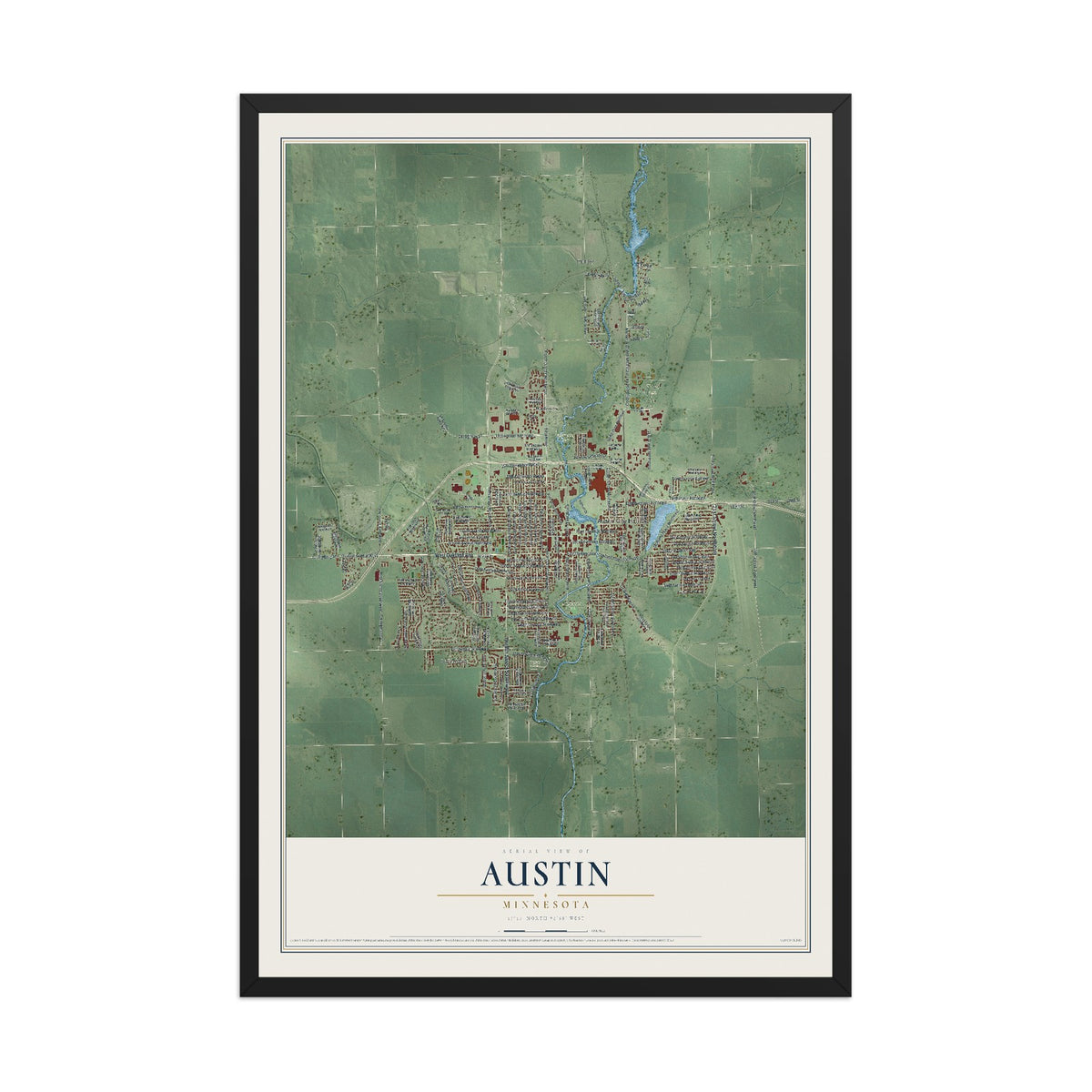 Map of Austin, Minnesota, 12 x 18 inch print in a black wood frame