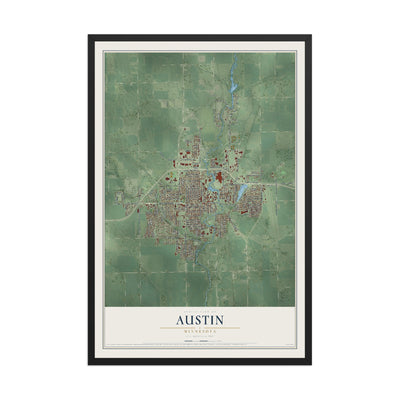 Map of Austin, Minnesota, 12 x 18 inch print in a black wood frame