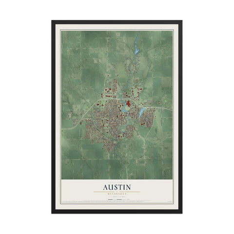 Map of Austin, Minnesota, 12 x 18 inch print in a black wood frame
