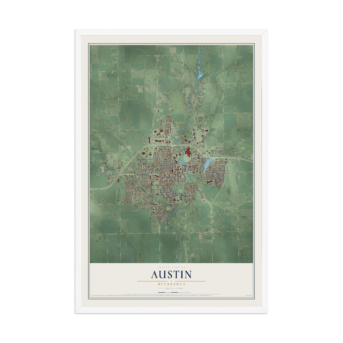Map of Austin, Minnesota, 12 x 18 inch print in a white wood frame