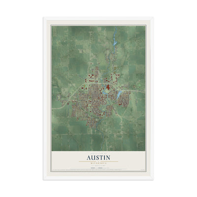 Map of Austin, Minnesota, 12 x 18 inch print in a white wood frame