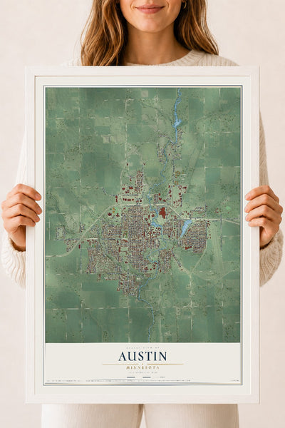 Map of Austin, Minnesota, 18 x 24 inch print in a white wood frame