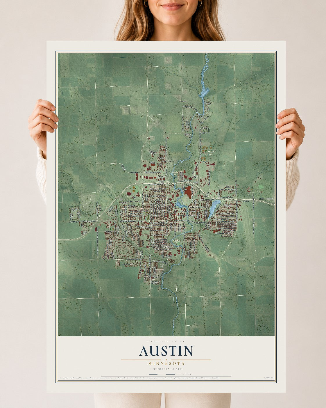 Map of Austin, Minnesota, 24 x 36 inch unframed archival matte print