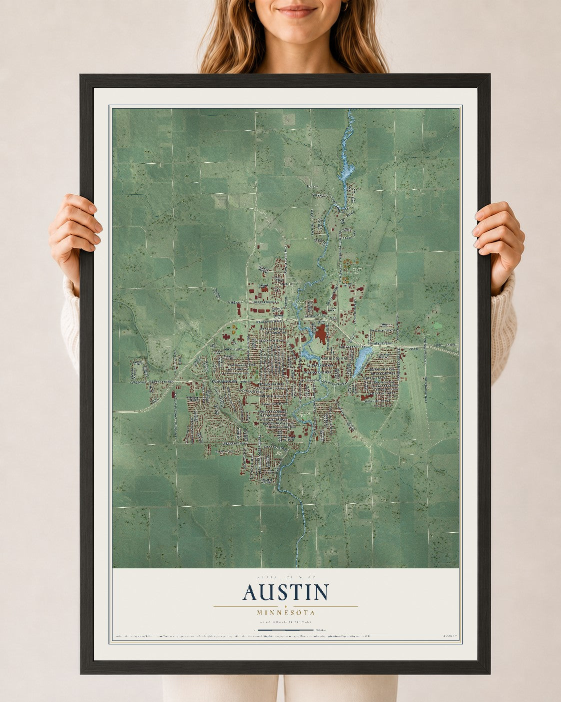 Map of Austin, Minnesota, 24 x 36 inch print in a black wood frame