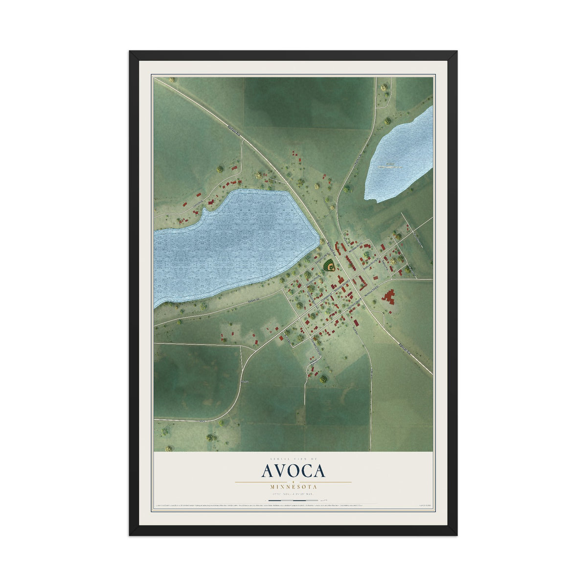 Map of Avoca, Minnesota, 12 x 18 inch print in a black wood frame