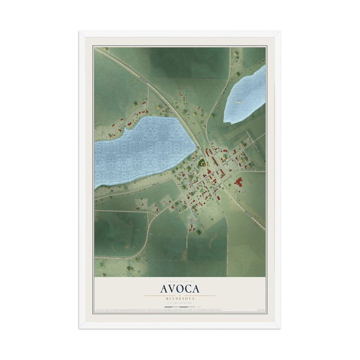 Map of Avoca, Minnesota, 12 x 18 inch print in a white wood frame