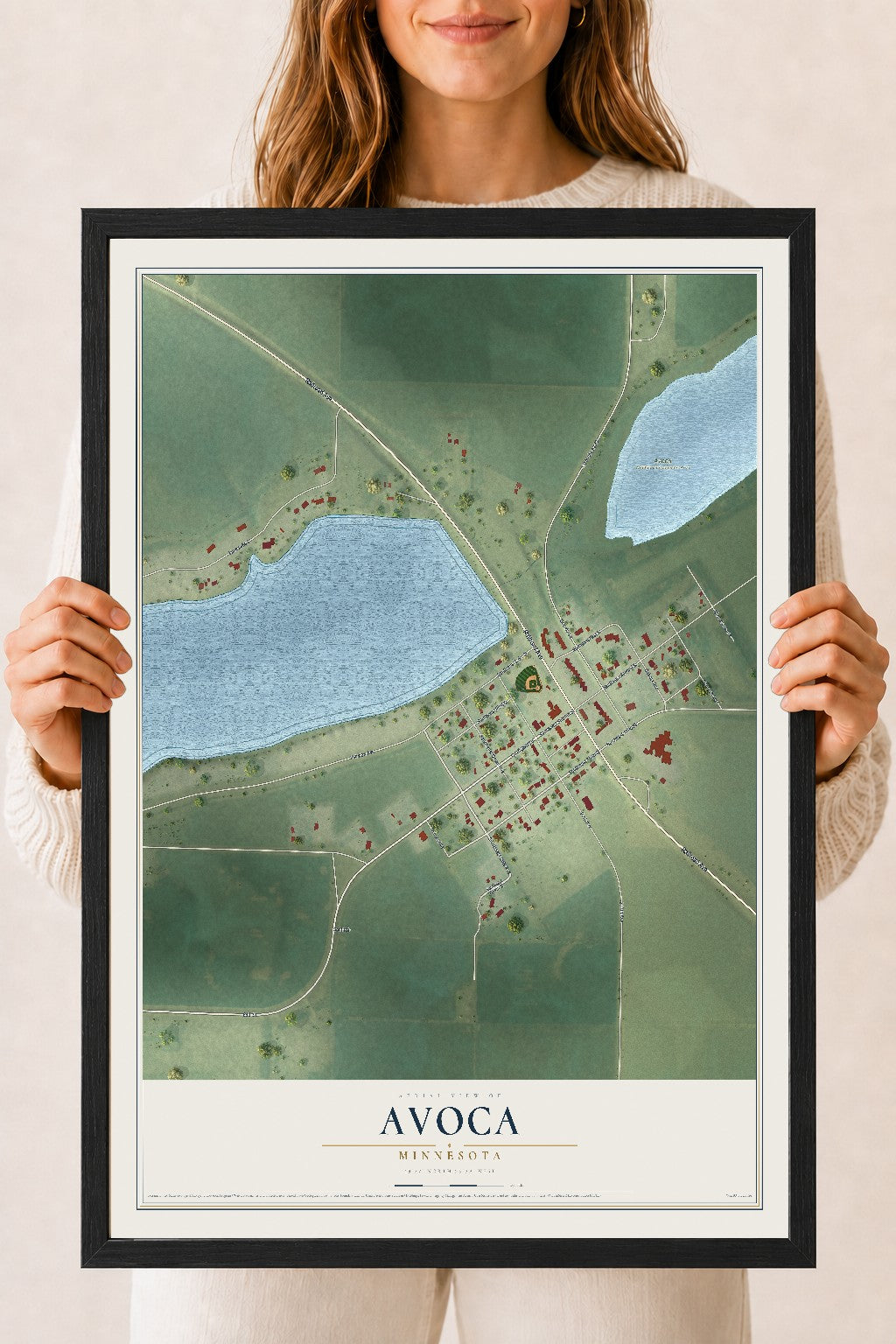 Map of Avoca, Minnesota, 18 x 24 inch print in a black wood frame