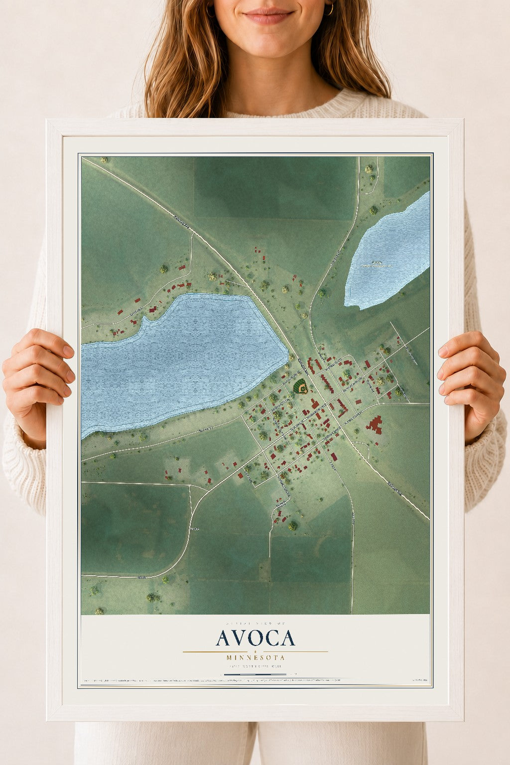 Map of Avoca, Minnesota, 18 x 24 inch print in a white wood frame