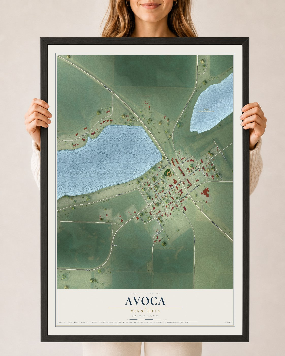 Map of Avoca, Minnesota, 24 x 36 inch print in a black wood frame