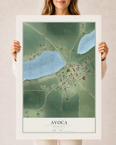 Map of Avoca, Minnesota, 24 x 36 inch print in a white wood frame