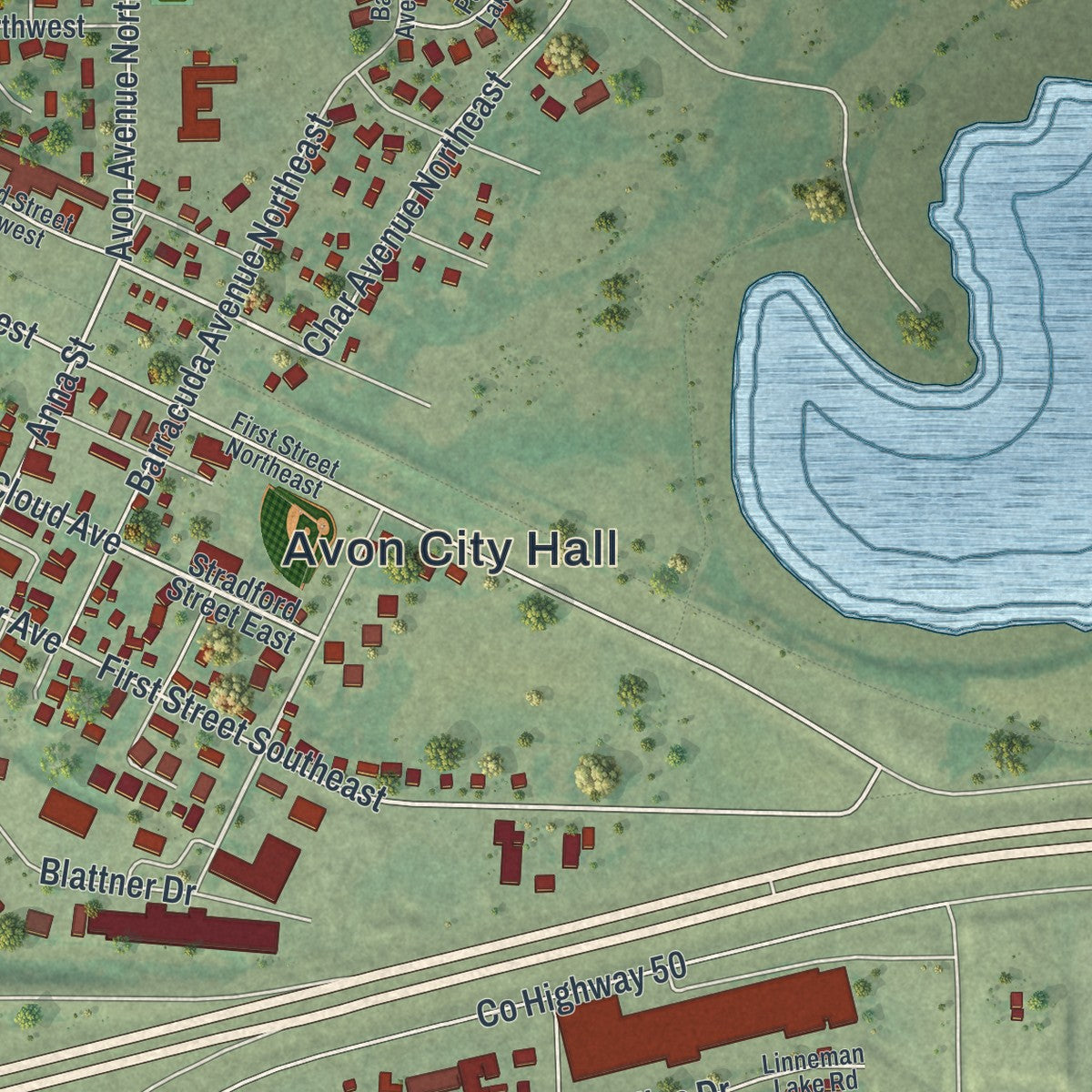 Close-up of the map of Avon, Minnesota print showing street and building detail
