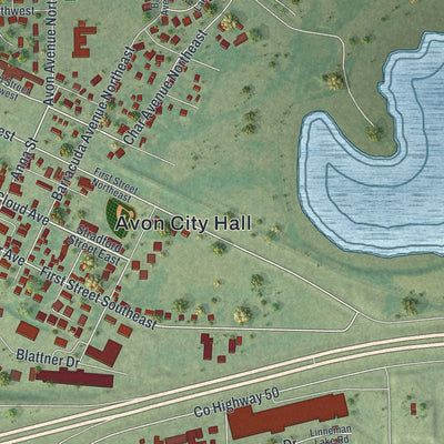 Close-up of the map of Avon, Minnesota print showing street and building detail