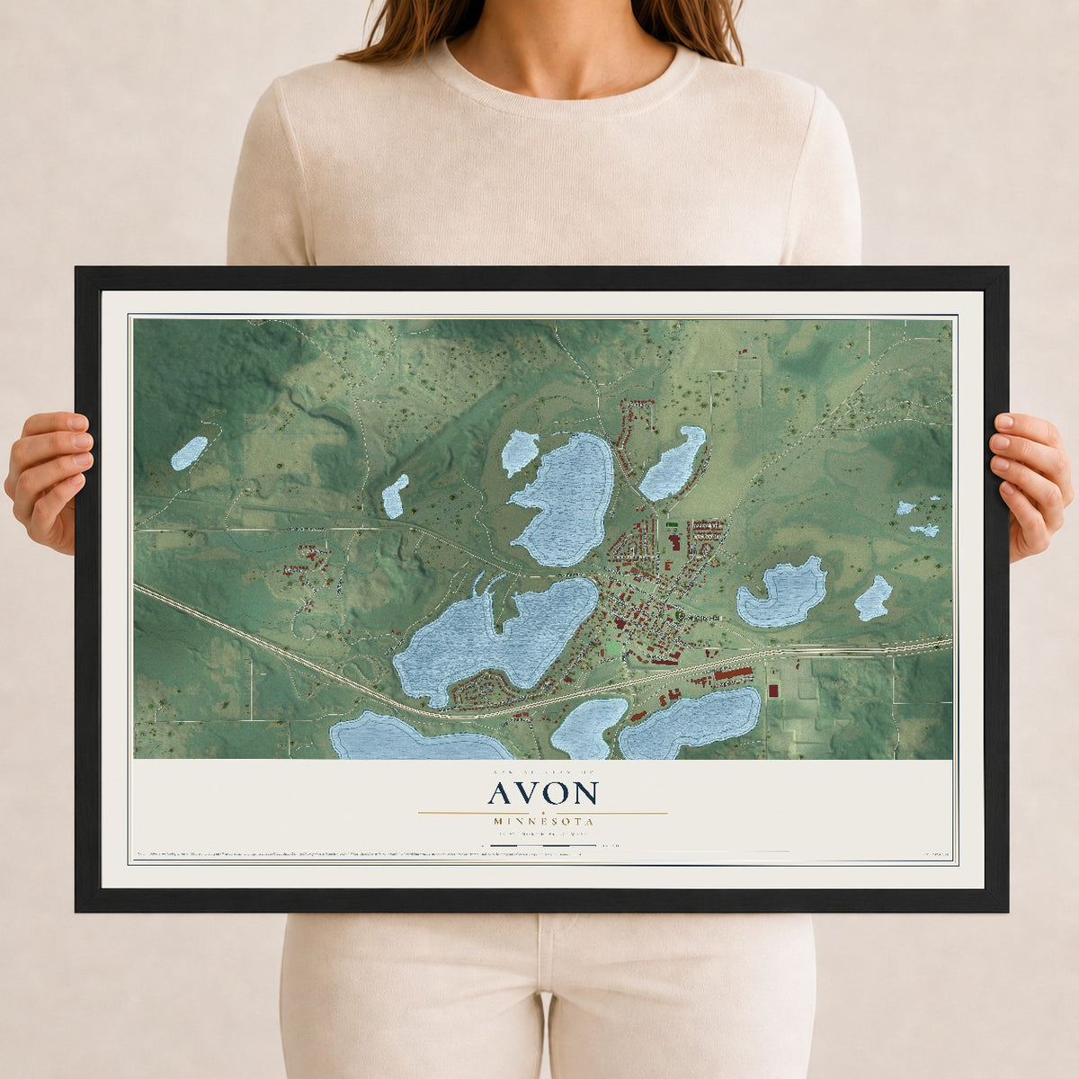 Map of Avon, Minnesota, 12 x 18 inch print in a black wood frame