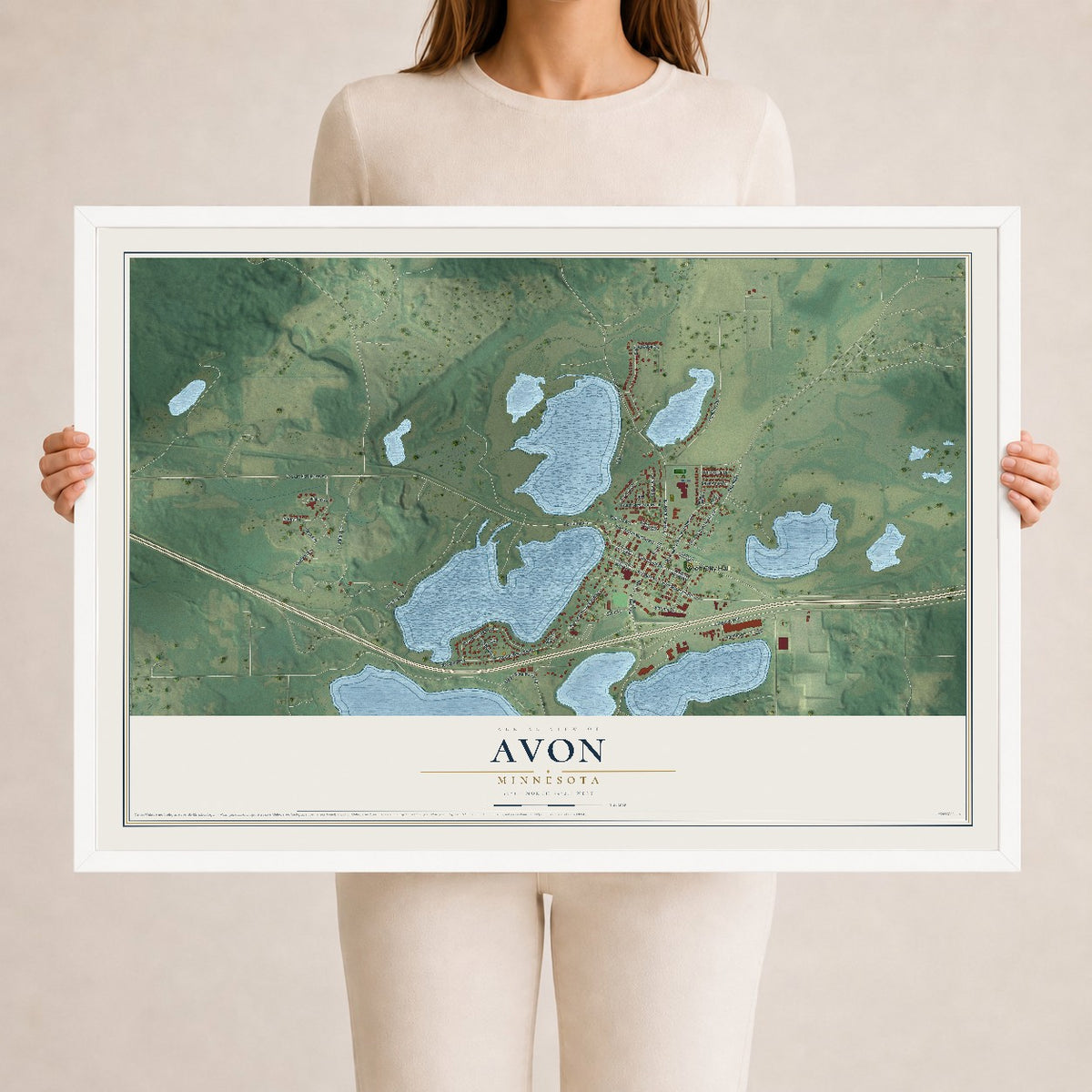Map of Avon, Minnesota, 24 x 36 inch print in a white wood frame