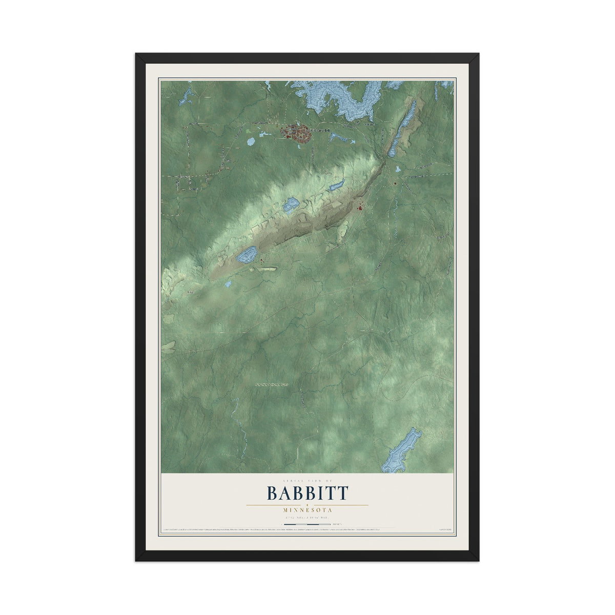 Map of Babbitt, Minnesota, 12 x 18 inch print in a black wood frame