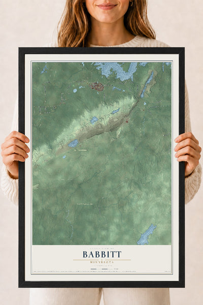Map of Babbitt, Minnesota, 18 x 24 inch print in a black wood frame