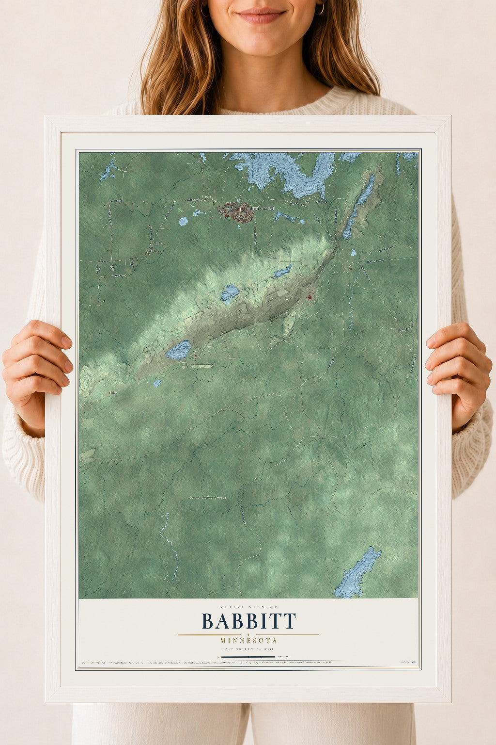 Map of Babbitt, Minnesota, 18 x 24 inch print in a white wood frame