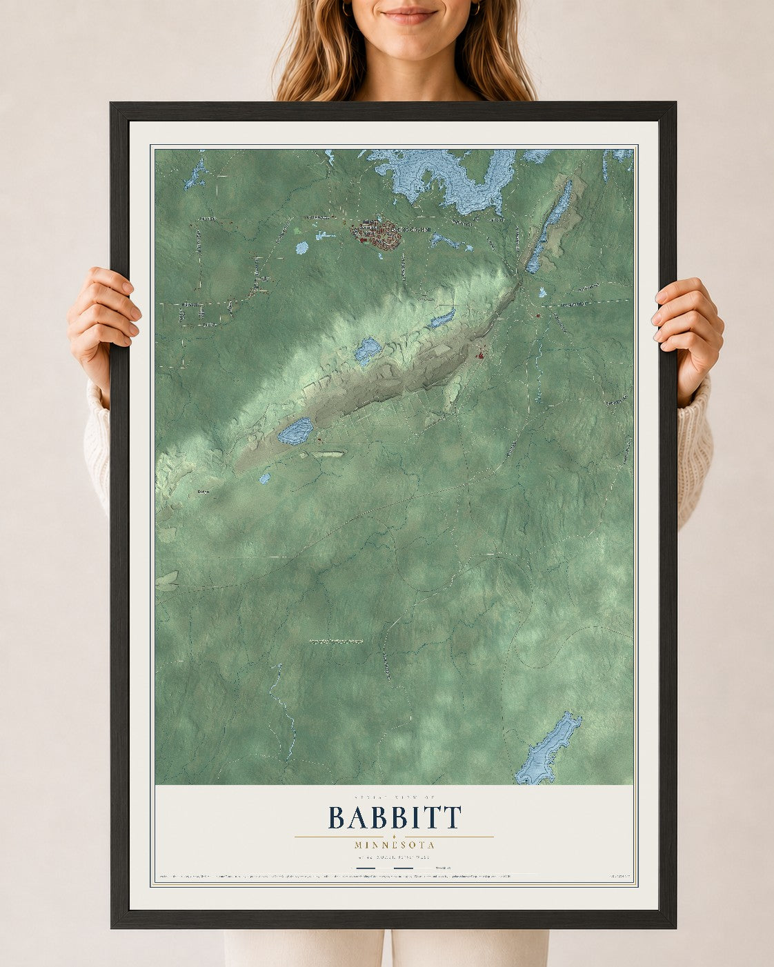 Map of Babbitt, Minnesota, 24 x 36 inch print in a black wood frame