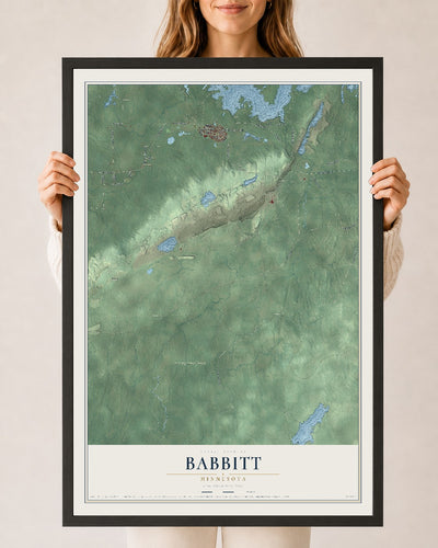 Map of Babbitt, Minnesota, 24 x 36 inch print in a black wood frame