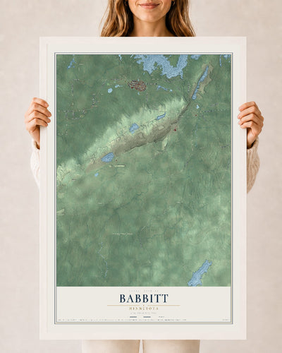 Map of Babbitt, Minnesota, 24 x 36 inch print in a white wood frame