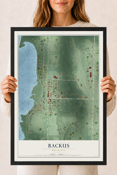Map of Backus, Minnesota, 18 x 24 inch print in a black wood frame