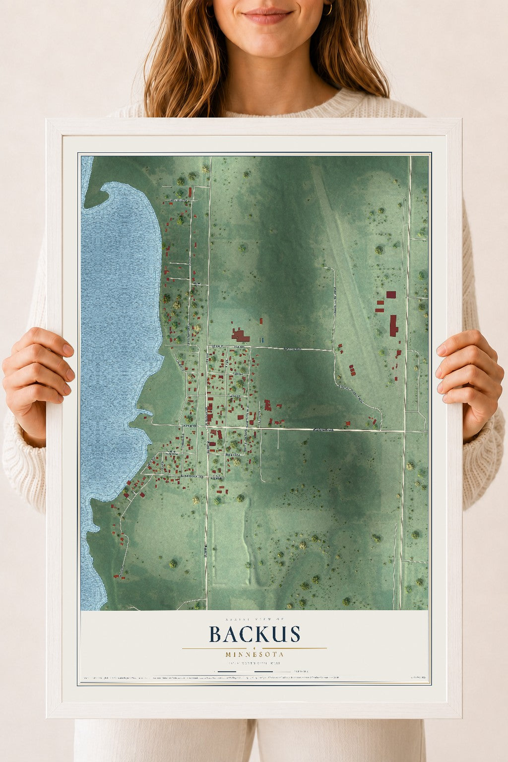 Map of Backus, Minnesota, 18 x 24 inch print in a white wood frame