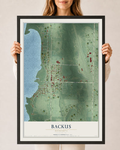 Map of Backus, Minnesota, 24 x 36 inch print in a black wood frame
