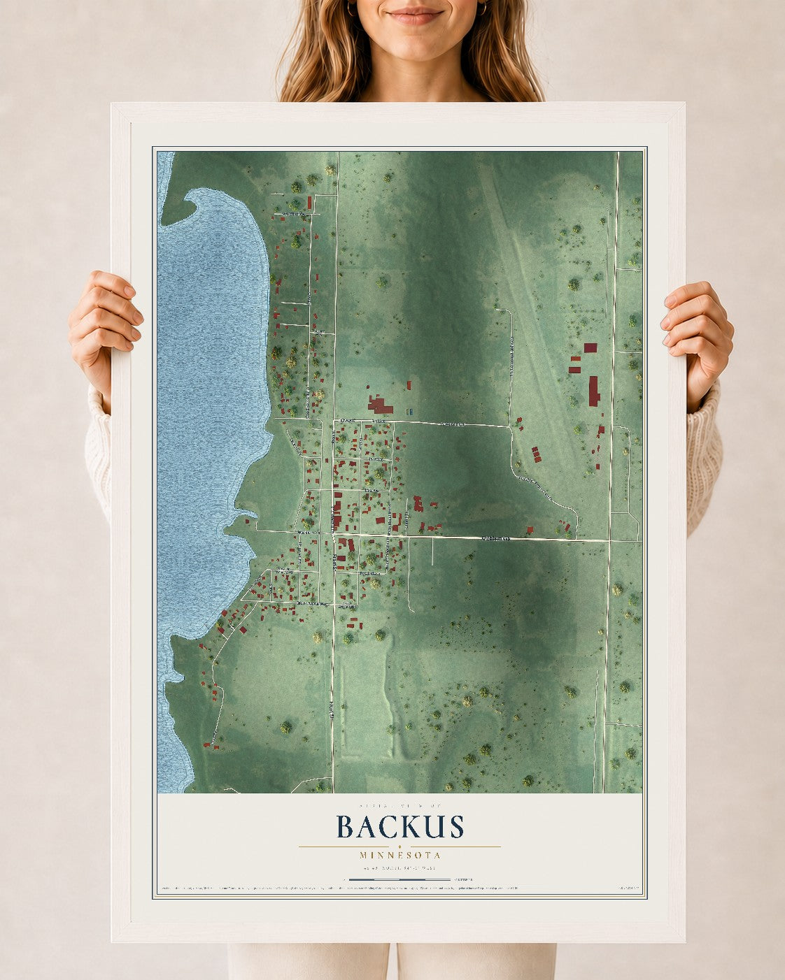 Map of Backus, Minnesota, 24 x 36 inch print in a white wood frame