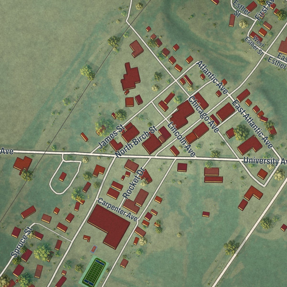 Close-up of the map of Badger, Minnesota print showing street and building detail