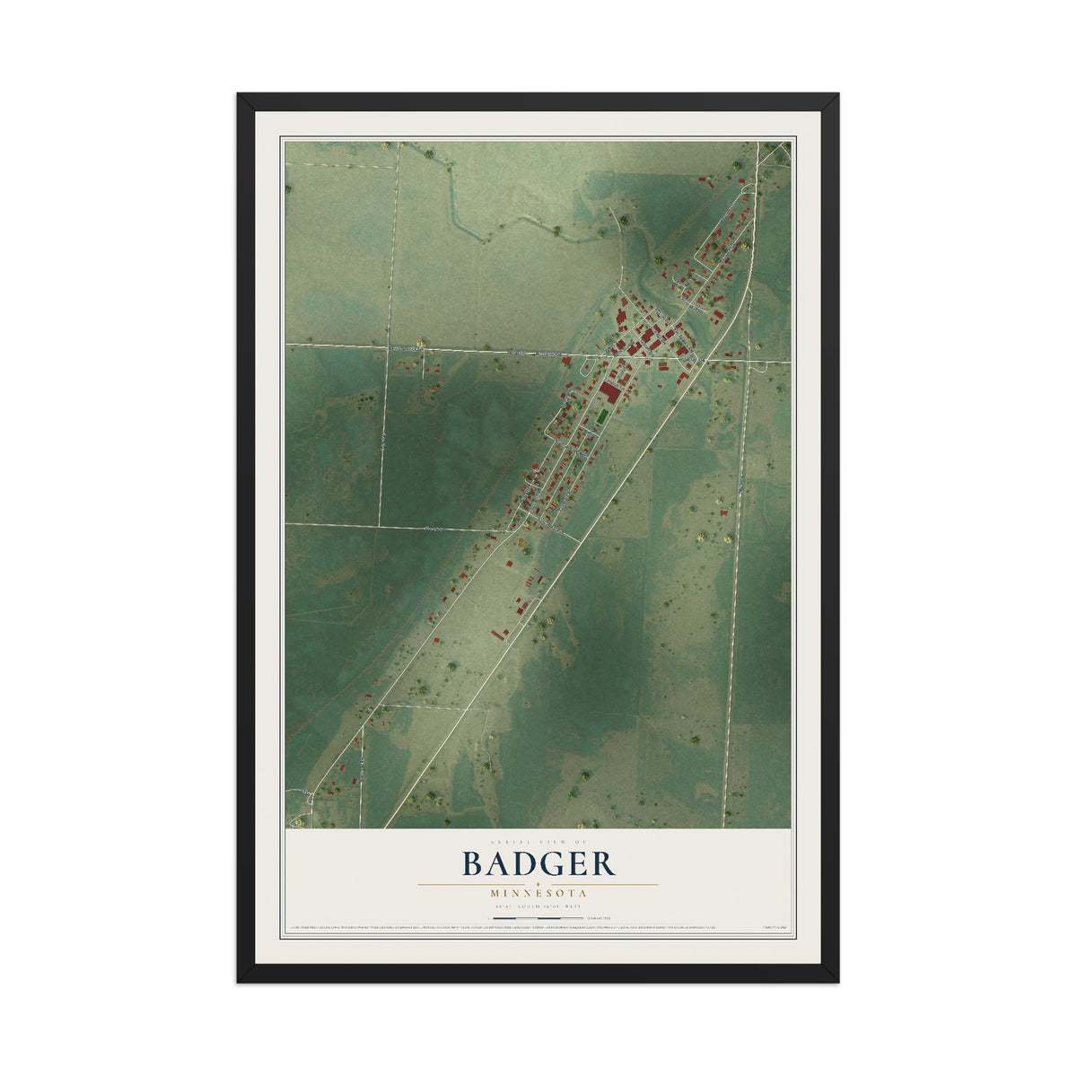 Map of Badger, Minnesota, 12 x 18 inch print in a black wood frame