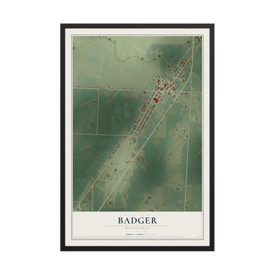 Map of Badger, Minnesota, 12 x 18 inch print in a black wood frame