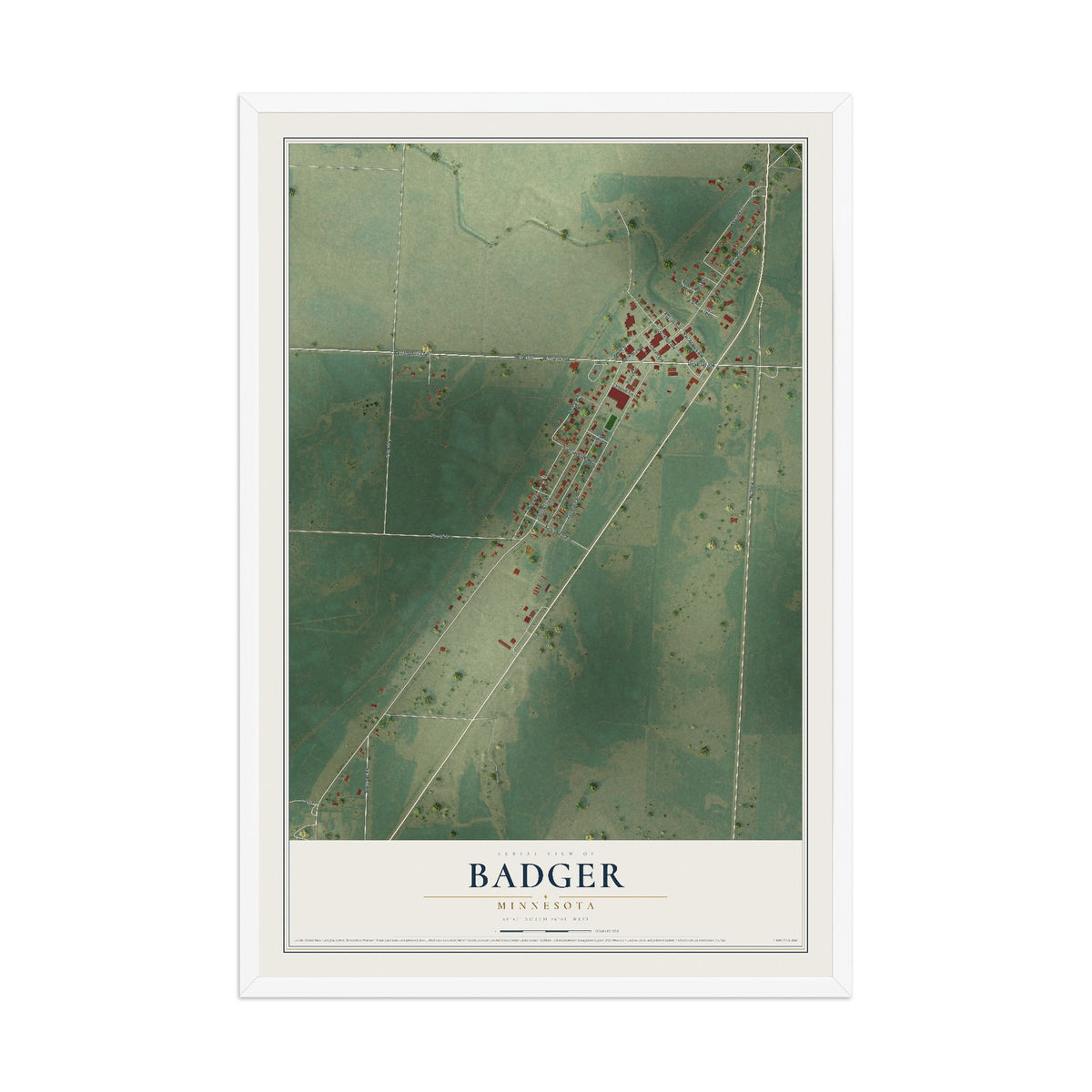 Map of Badger, Minnesota, 12 x 18 inch print in a white wood frame