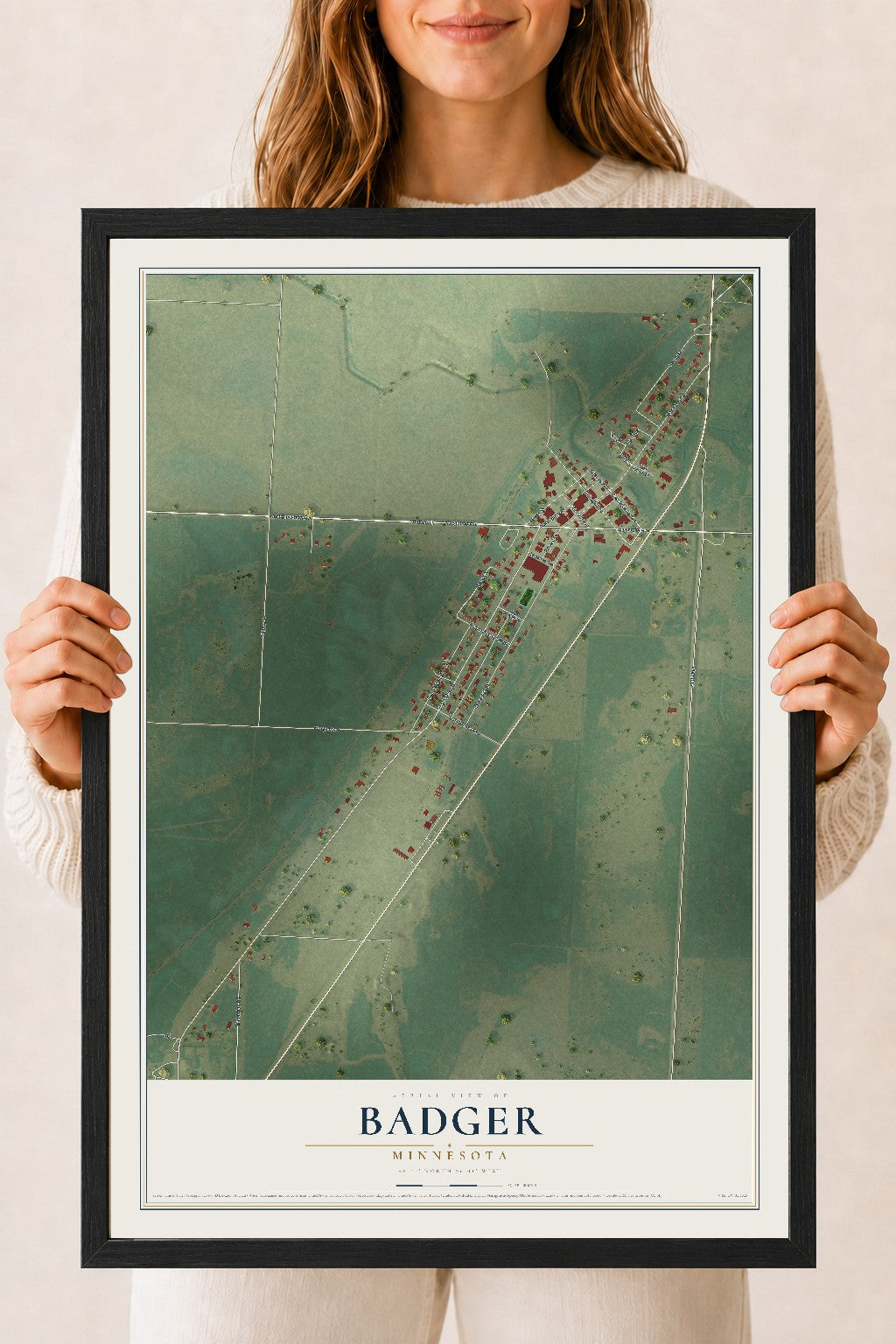 Map of Badger, Minnesota, 18 x 24 inch print in a black wood frame